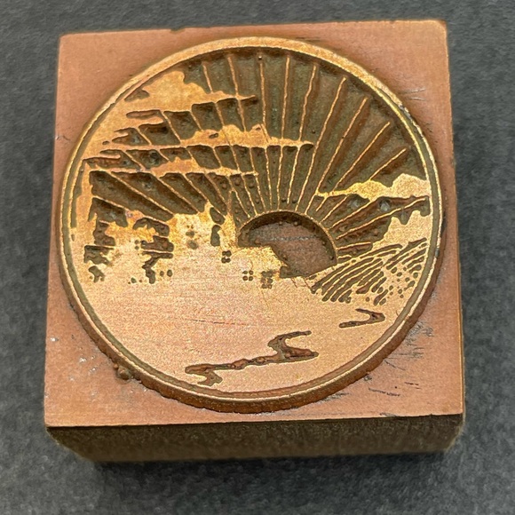Beautifully Engraved Sunset and Dwelling on Copper Mounted on Wood Typeset - Picture 1 of 3